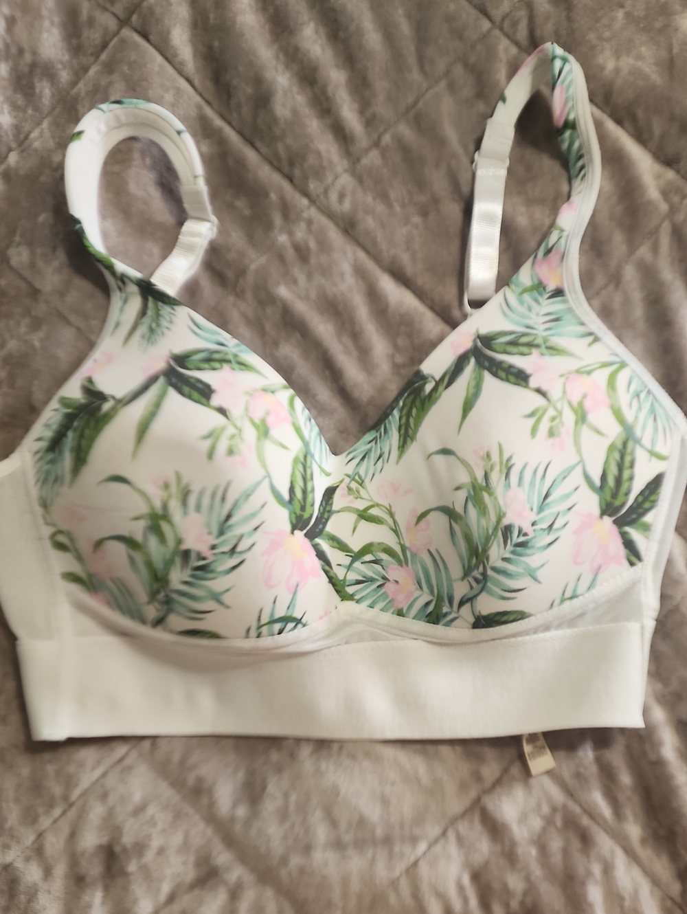 Rhonda Shear White Floral Wireless Bra with Pink & Green Leaves